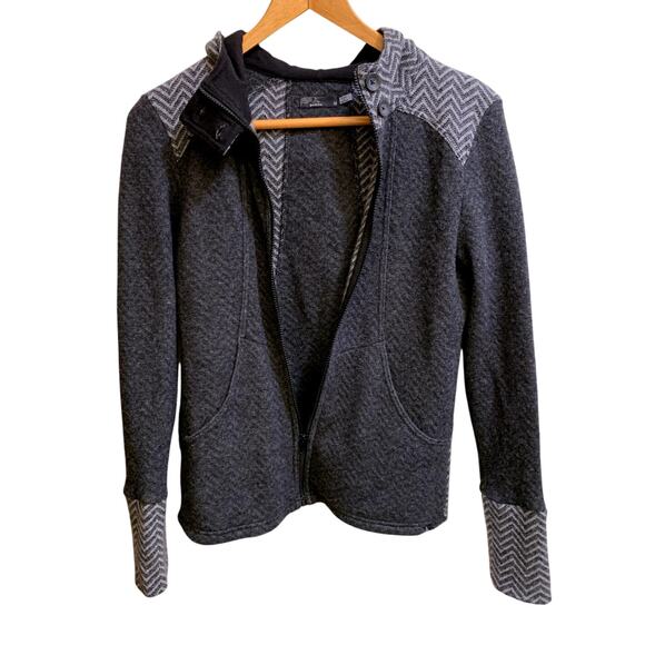 prana Women Jacket Medium Wool Blend Gray Black Herringbone Full Front Zip Hood - Picture 2 of 12
